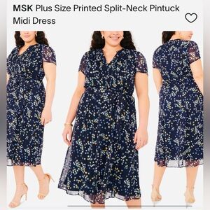 MSK Blue Floral Pintuck Midi Dress Plus Size